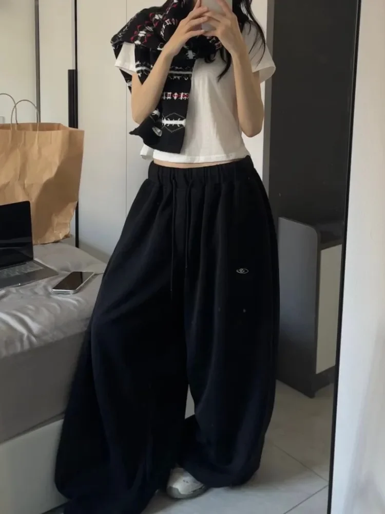 هوتشو خمر الأسود فضفاض الركض Sweatpants امرأة المتضخم الكورية نمط السراويل الرياضية Harajuku الشارع الشهير بنطلون الخريف