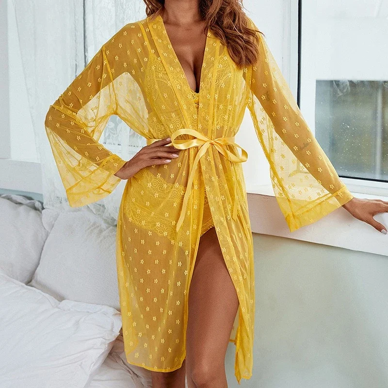 

Sexy Nightgowns Women Clothes Erotic Outfits Gauze See-through Pajamas Four-piece Long Robe Bra Underwear Set Female Underwear