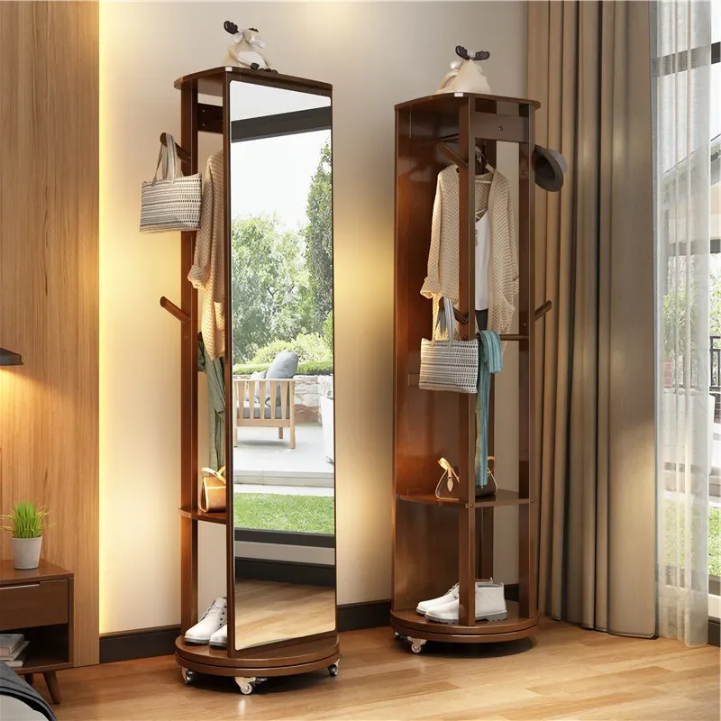 مرآة تلبيس لكامل الجسم، مرآة أرضية من الخشب الصلب، دوارة، منزلية، تخزين ملابس معلقة، متكاملة