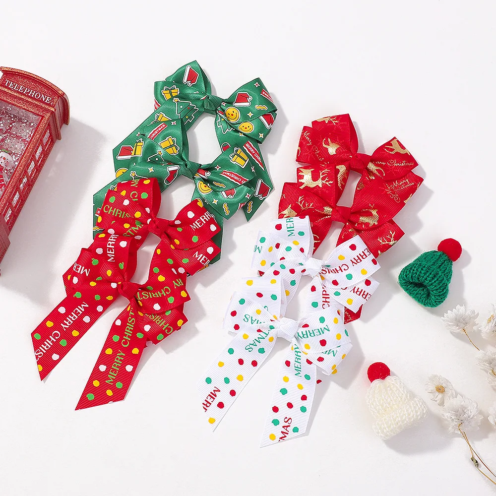 Pinzas para el pelo con estampado navideño, lazos de cinta, pasadores de Navidad para niña, horquillas para la cabeza, 200 Uds./lote