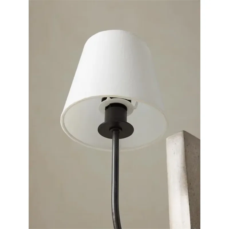 Modern Nordic Table Lamp Polished Stone Base Linen Shade Wrought Iron Arm Light for Bedroom Dining Room Hotel Villa Decor Art 6