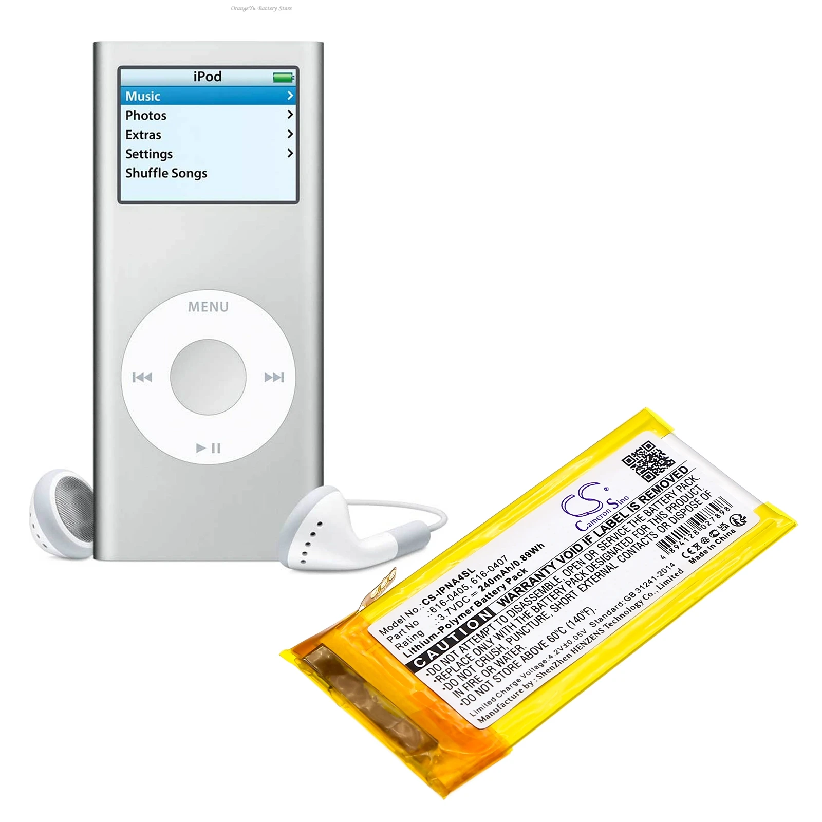 Replacement 3.7V 240mAh Media Player Battery 616-0405 616-0407 for Apple iPod Nano 4th 4GB/8GB/16GB MB903LL/A