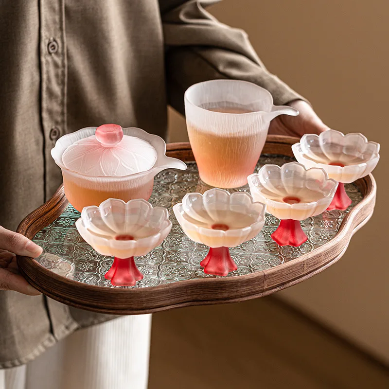 Pink Glass Kung Fu Tea Set  Household Heat Resistant Exquisite Cap Bowl Public Cup Tea Cup