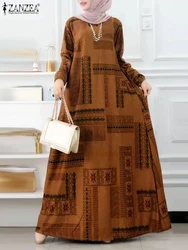 ZANZEA Elegant Muslim Abaya Bohemain Printed Dresses Robe Femme Women 2025 Casual Long Sleeve IsIamic Vestidos Maxi Long Dress