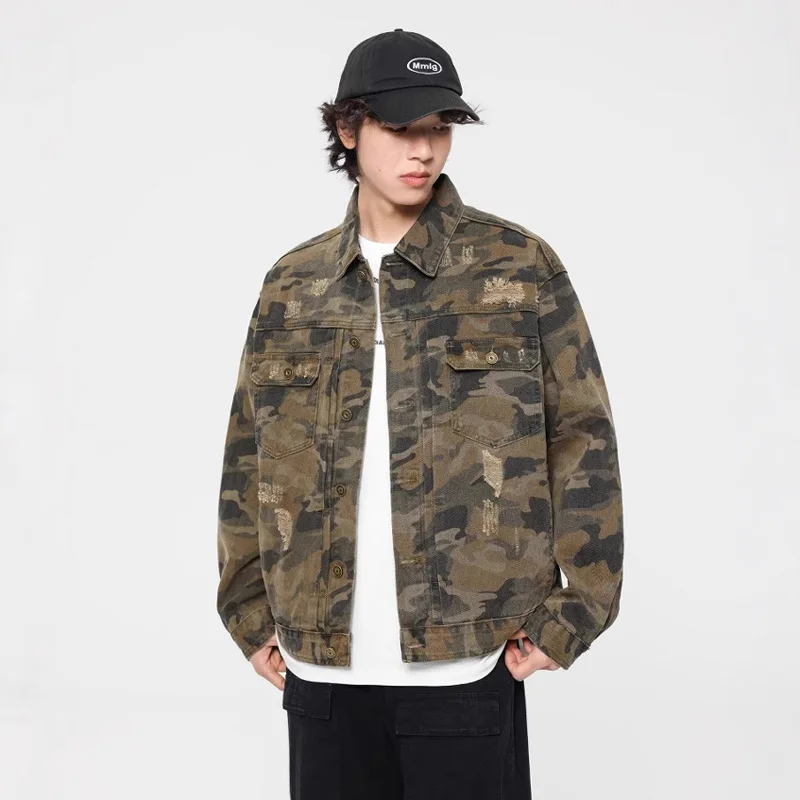 Camouflage Pure Cotton Denim Jacket Men Streetwear Fashion Hip Hop Loose Casual Vintage Hole Denim Varsity Jacket Cowboy Coat