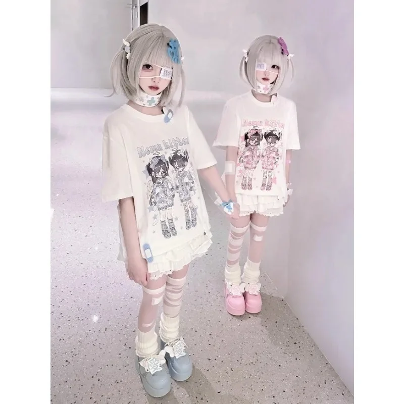 Women T Shirt Japanese Cute Subculture Short Sleeve Y2k Anime Print Tops Summer 2024 Casual Harajuku White Cosplay Tees