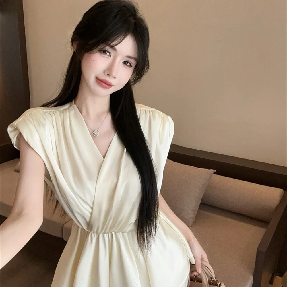 

Summer 2026 Pure Desire V-neck Splice Bell Sleeve Waist-cinching Elastic Waist Sleeveless Sexy Overhead Chiffon Top