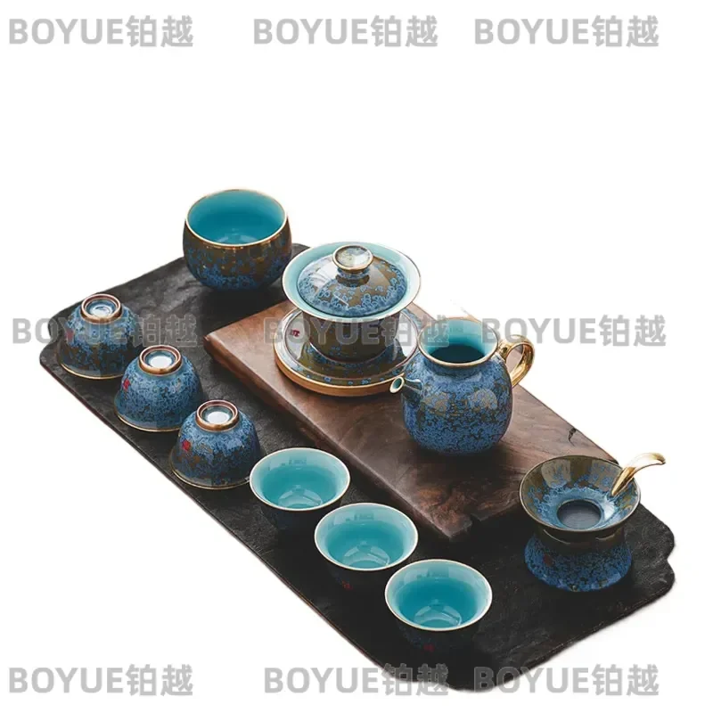 Light luxury retro style high-end tea set household Jun porcelain Kung Fu tea cover bowl fair cup whole set gift