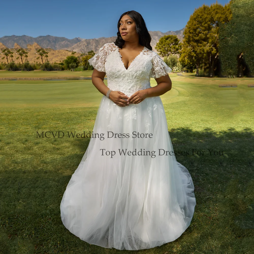 

MCDV Oversize Wedding Dresses 2025 Bride Short Sleeves V-Neck Applique Zipper Back Bride Gown Civil vestidos de novia Customized