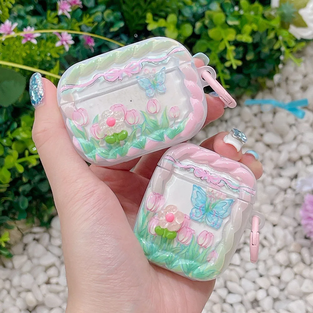 INS Rosa Tulpe 3D Blume Schmetterling Hülle für Apple AirPods Pro 1 2 3 Butterfly Twists Edge Wireless Kopfhörer Box Cover Schlüsselanhänger