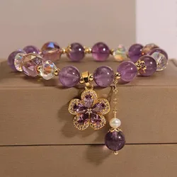 Elegant Romantic Amethyst Bracelet Women's Luxury Retro Crystal Five Flower Petal Pendant Bracelet Girlfriend Chain Jewelry Gift