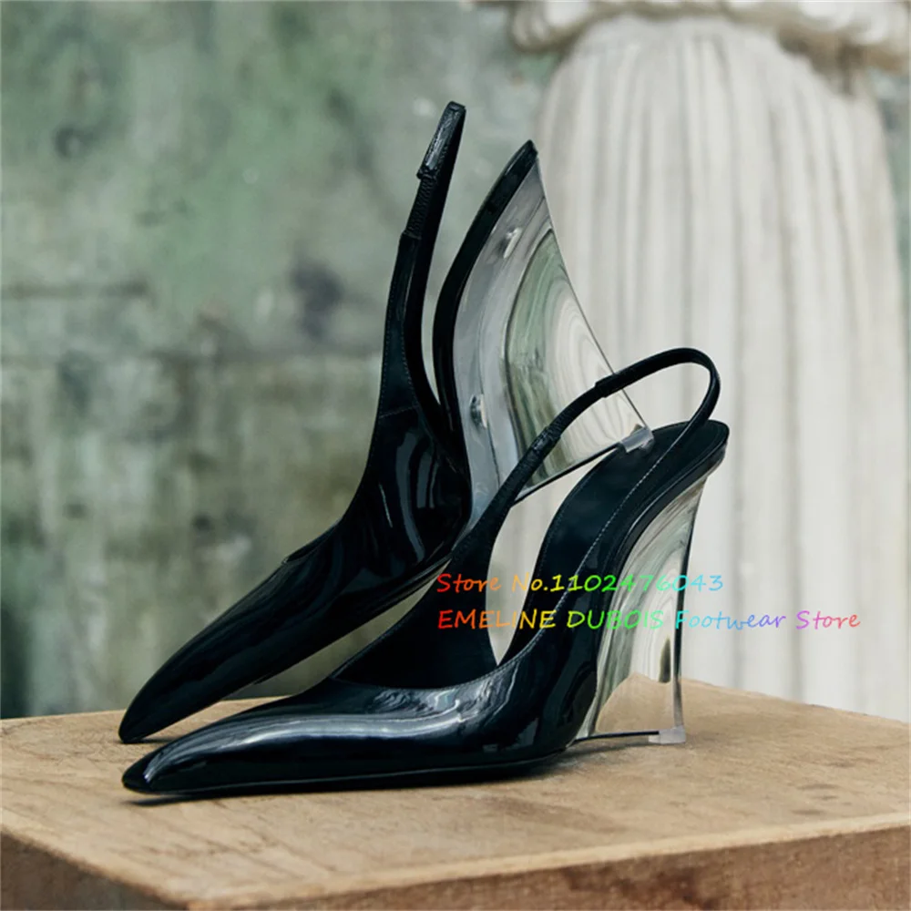 

Transparent Crystal Wedge Heel 2026 Summer New Sexy Back Hollow Pointed Super High Heels Slip On Runway Style Dress Pumps