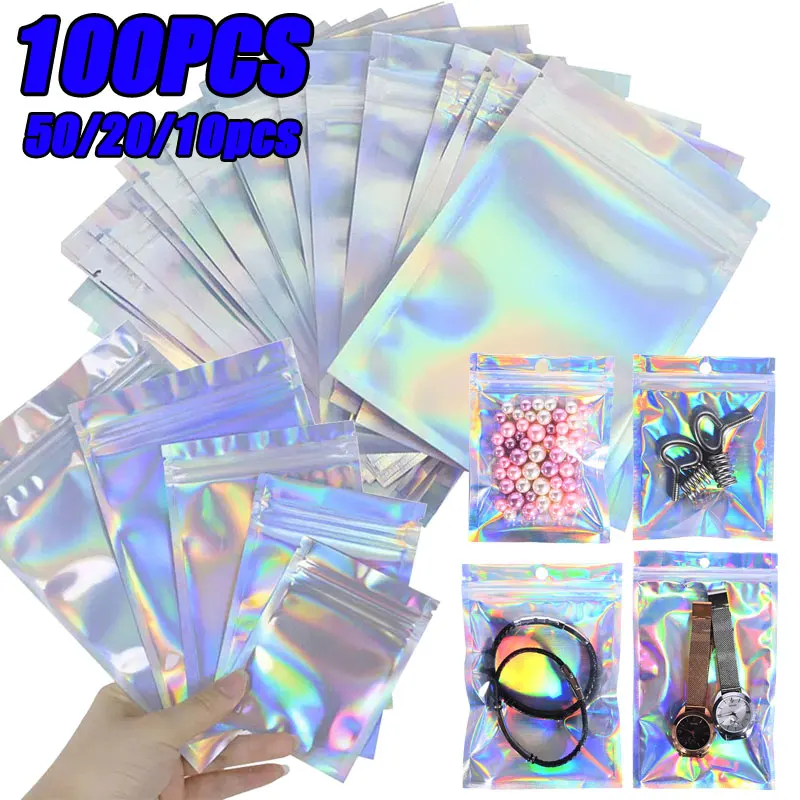 

10/100pcs Holographic Resealable Mylar Bags Ziplock Candy Suger Tee Jewelry Beauty Storage Bag Gift Wrap Storage