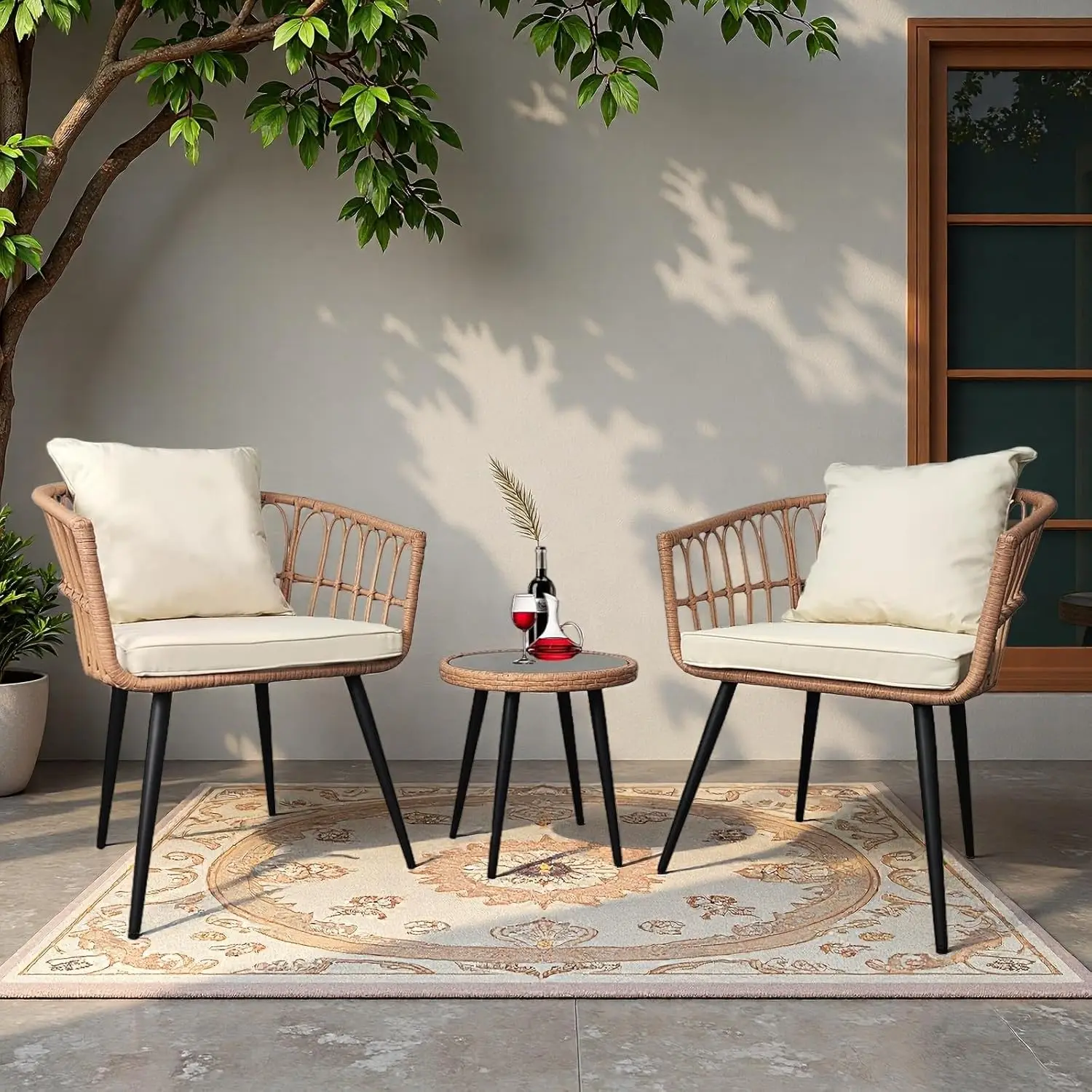 

3-Piece Patio Conversation Bistro Set, Wicker Furniture with Table&Cushions for Balcony Porch Backyard（Beige）