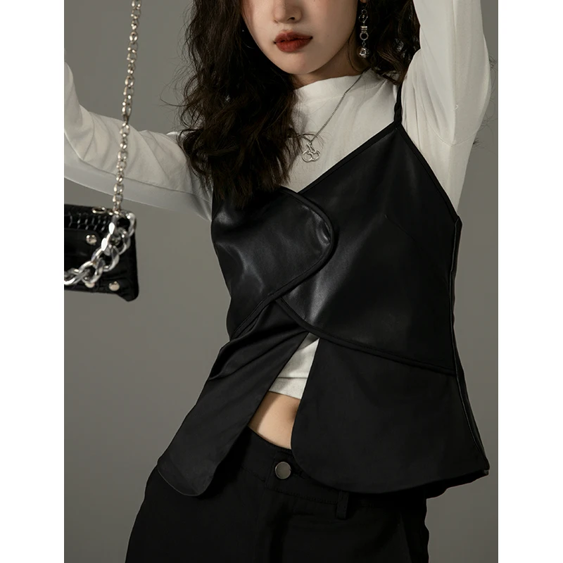 

Sexy Bal PU Leather Vest 2023 Autumn Korean Sle Outerwear for Trendy Girls ort Dr Outerwear Casual Pure Color