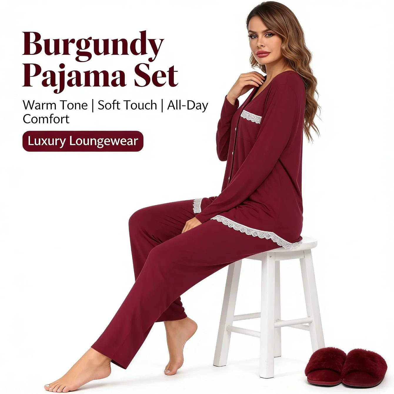 

European and American Women's Loungewear Set Lace Paneled Long Sleeve Pants Comfortable Pajamas