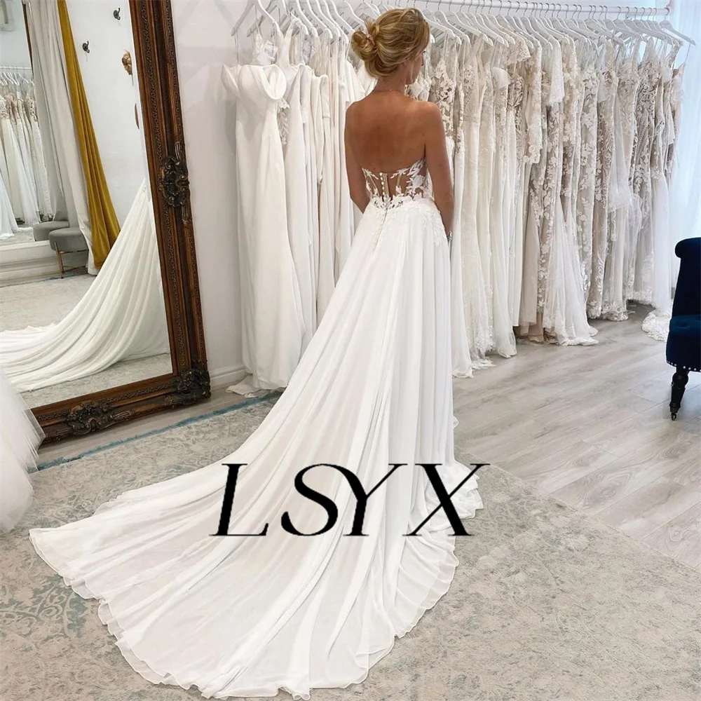 LSYX  Customized Sweetheart Sleeveless Strapless Appliques A-Line Chiffon Wedding Dress Open Back High Side Slit Bridal Gown