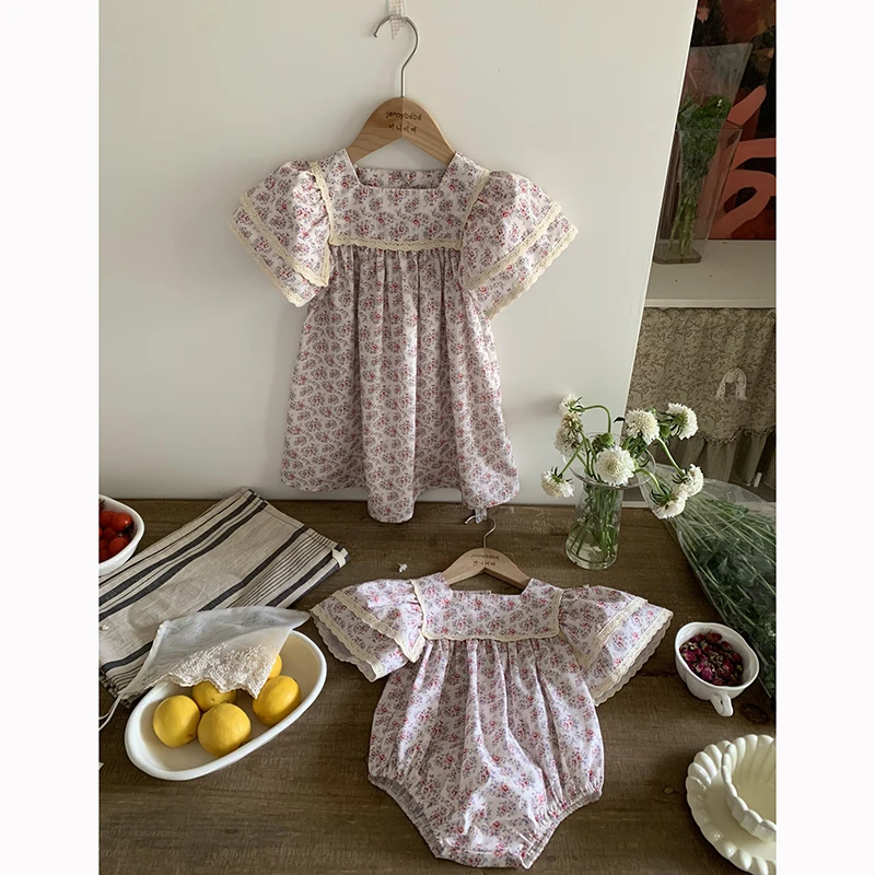 Sister Baby Girls Flower Lace Dresses Summer Girl Baby Romper Sister Matching Outfit Princess Dress Toddler Pink Princess Romper