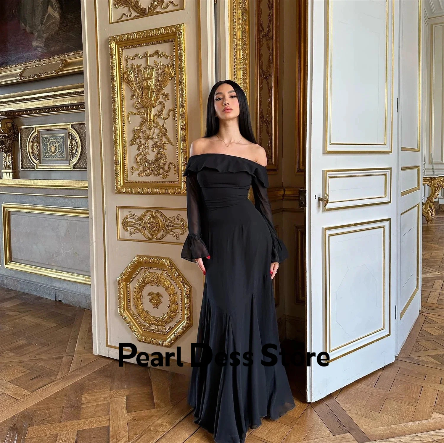 Chiffon fishtail ball dress, black banquet ball dress, formal occasion ball dress, 2024