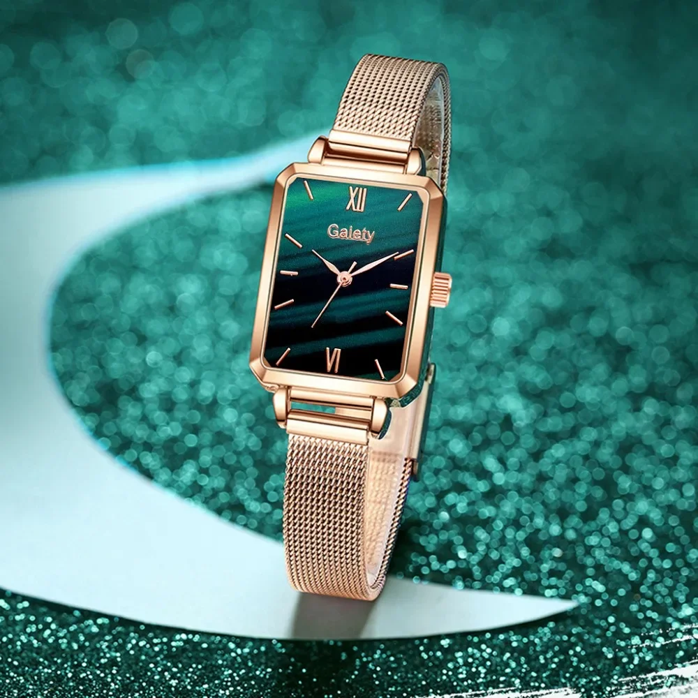 Women Fashion Quartz Watch Bracelet Set Green Dial Luxury Women Watches Simple Rose Gold Mesh Ladies Watch Dropshipping