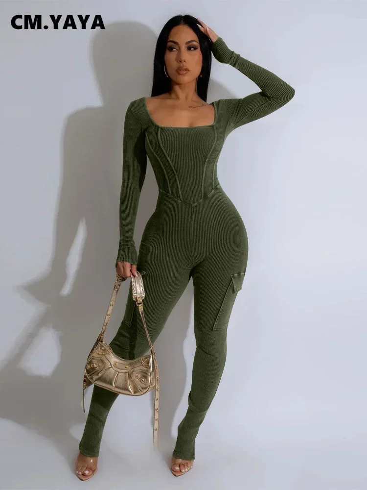 

Fashion Women Knit Ribbed Pocket Side Tunic Long Sleeve Cargo Jumpsuit 2024 Autumn Street Playsuit One Piece Suit Romper