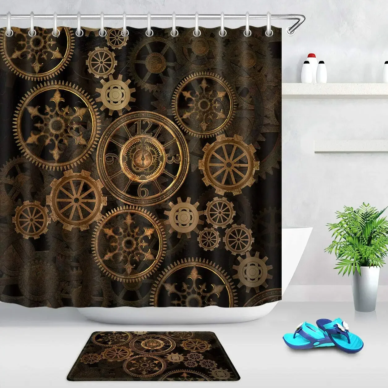 Retro Steampunk Gear Pattern Bathroom Liner Decorative Cloth Shower Curtain