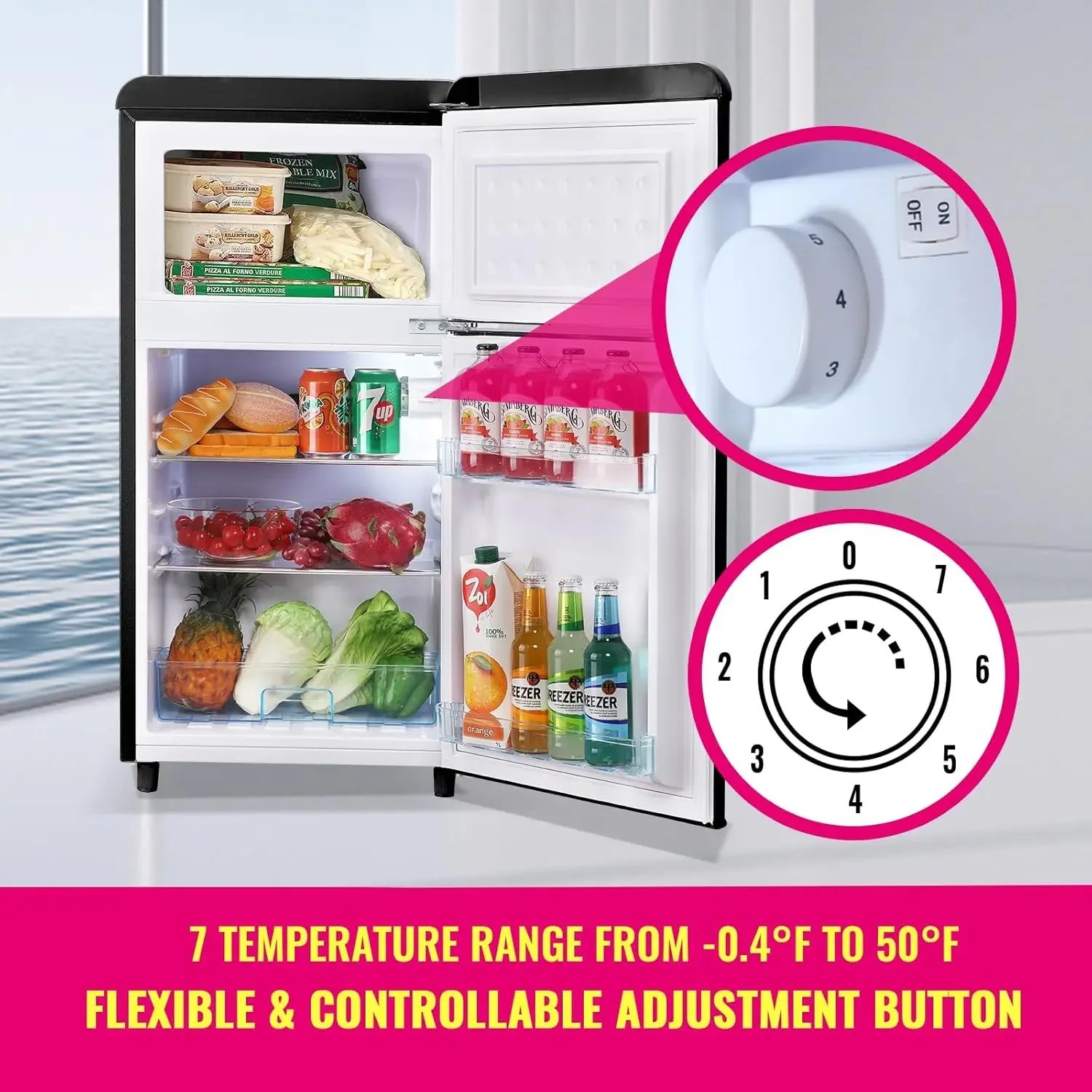 Fridge Dual Door Refrigerator with Freezer, 3.5 Cu.Ft Compact Refrigerator with Handle, Adjustable Temperature & Removable Glass