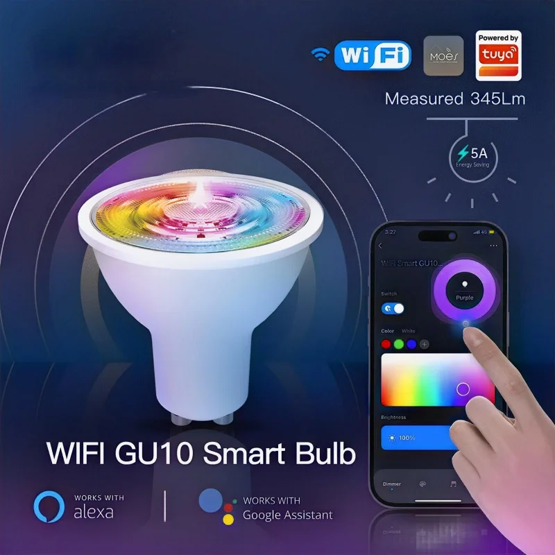 

Tuya Home WiFi App Remote Dimming And Color Adjustment Alexa Voice GU10 Smart Bulb