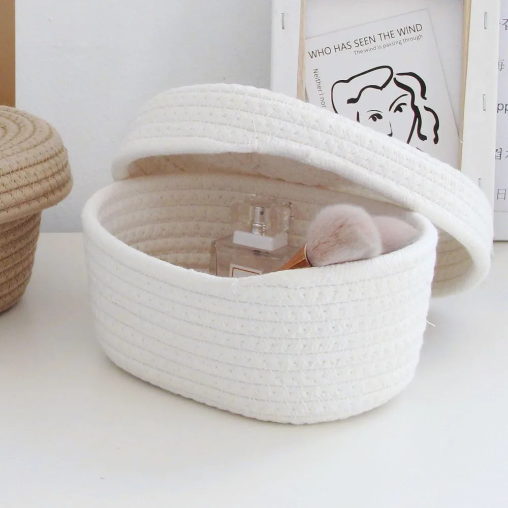 Handmade Cotton Rope Storage Box Woven Design Oval Shape Storage Basket With Lid Decorative Storage Bin Needles Storage