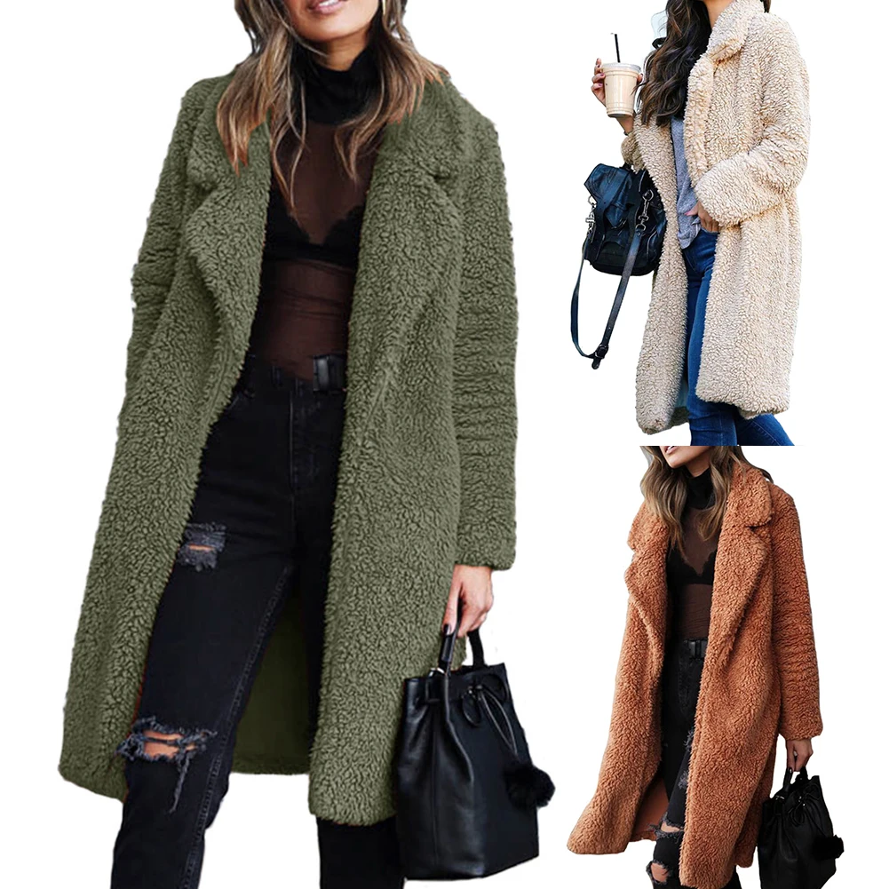 Winter Thicken Plush Warm Cardigan Women Lapel Solid Color Long Sleeve Midi Coat abrigos mujer casacos de inverno feminino