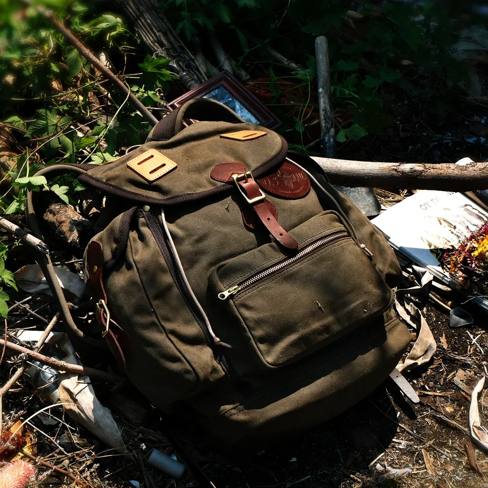 Tailor Brando Re-engraved American Retro FR825 Oil Waxed Canvas & Vegetable Tanned Leather Size 45*47*15cm Classic Backpack