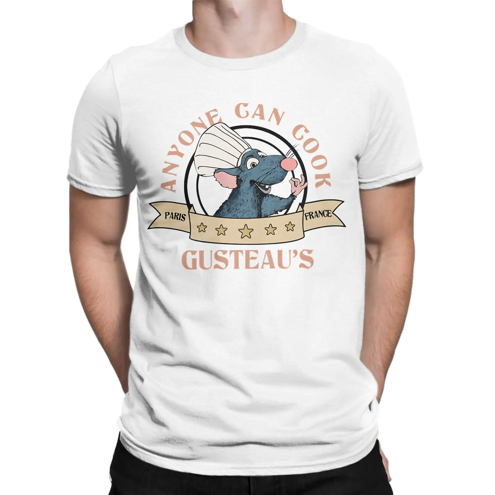 Lässiges Gusteau's T-Shirt „Jeder kann kochen“ für Herren, Baumwolle, kurzärmelig, Ratatouilles, O-Ausschnitt, Sommeroberteile – Detail 3