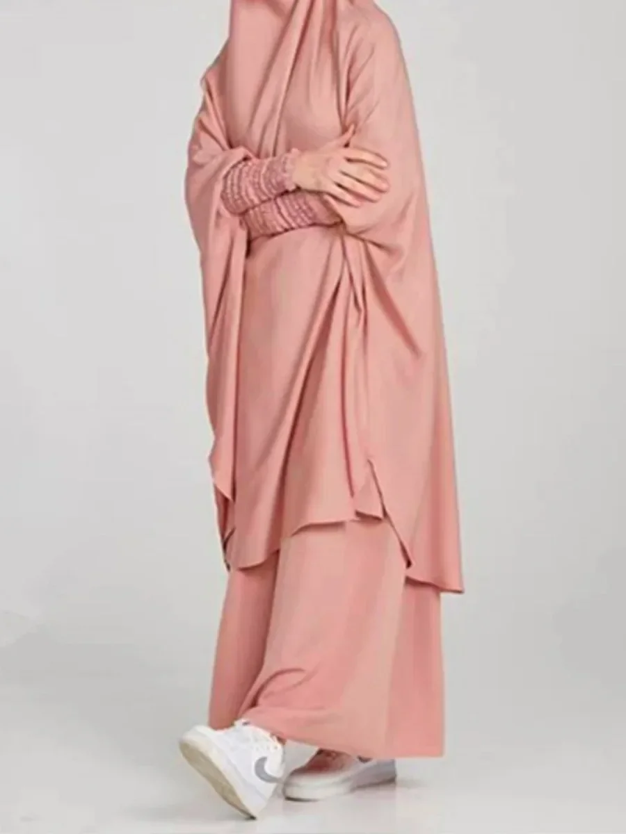 Eid donne musulmane 2 pezzi Jilbab set lungo Khimar + gonna set Hijab vestito preghiera indumento Abaya con cappuccio Ramadan abito islamico Niqab