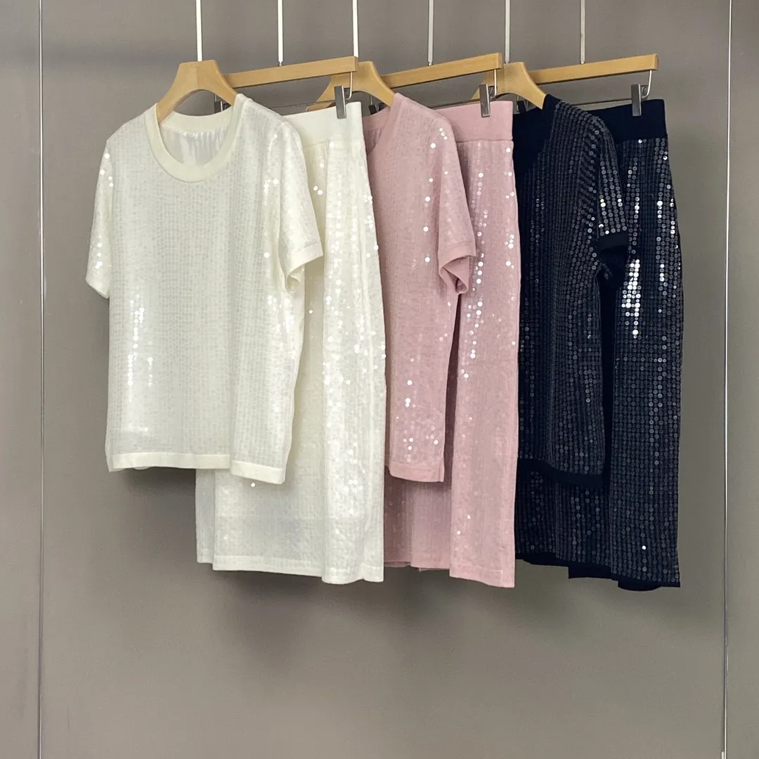 

2025 Summer New Silk Wool Sequin Round Neck T-Shirt Top Versatile Heavy Sequin Slim Skirt For Women