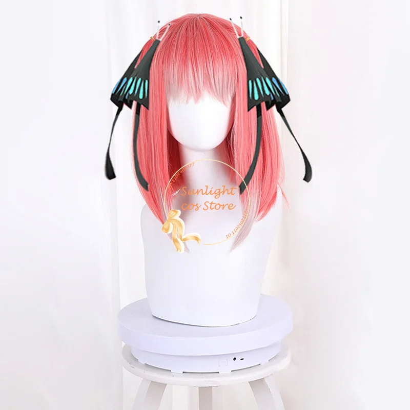 Anime Cos Nakano Nino Cosplay Pruik 38Cm Roze Gradiënt Witte Pruiken Resistent Synthetisch Haar Vrouwen Pruiken