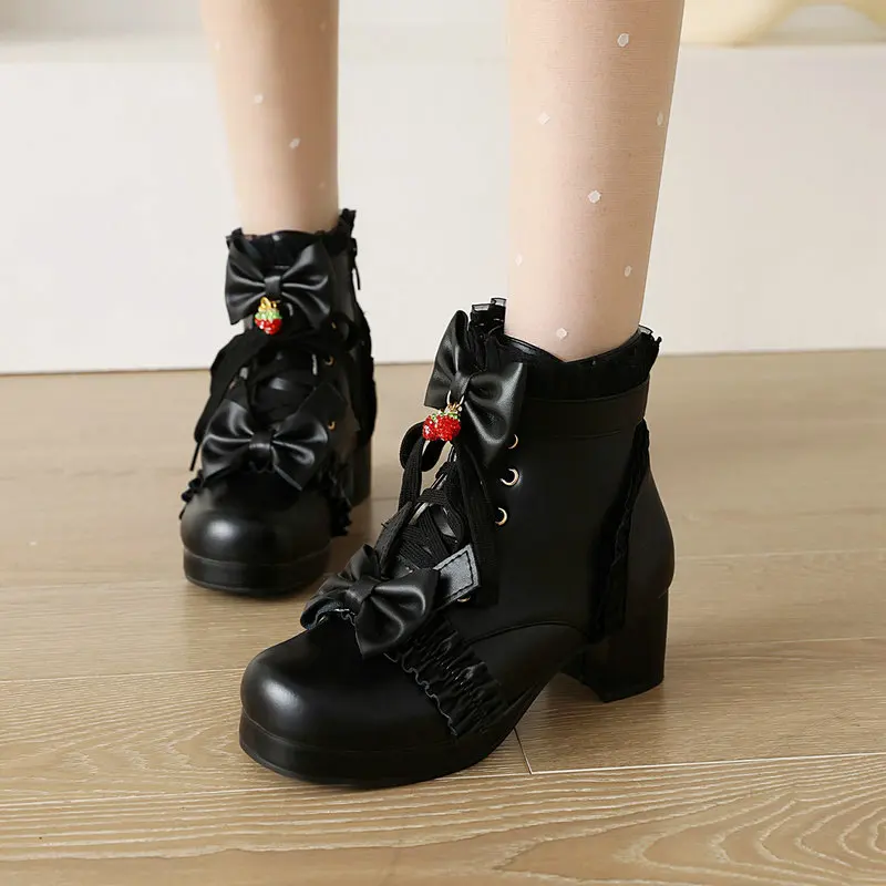 Autumn Winter Girls Boots Women High Heels Shoes Lace Up Lolita BowKnot Side Zipper Ankle Booties Crystal Pink Black White 28-43