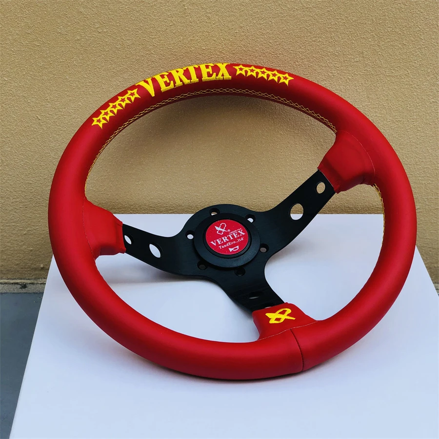 13INCH Vertex Red Leather Yellow Star JDM Sport Steering Wheel Universal Deep Corn Game Steering Wheel with Embroidery