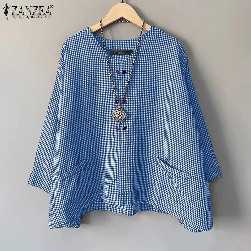 ZANZEA 2025 Autumn Shirt Fashion Tunic Casual Loose Women Blouse Checked Printed Pocket 3/4 Sleeve Round Neck Tops Blusas Femme
