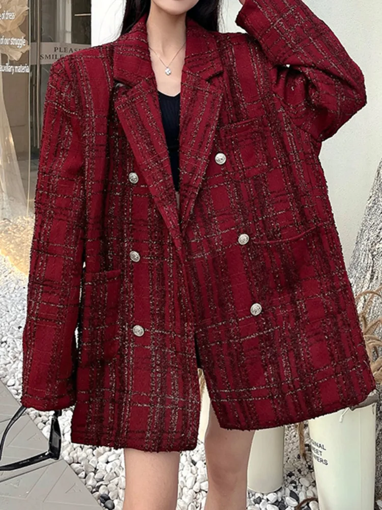 UCXQ Tide Loose Women's Jacket High Street Double Breasted Red All Match Sequined Blazer Coat Women 2025 Spring Autumn 23C2932