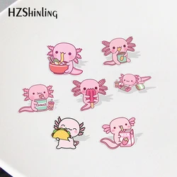 Cartoon Animal Axolotl with Food salamander Acrylic Collar Pin Pattern Anime Acrylic Lapel Pins Resin Acrylic Epoxy