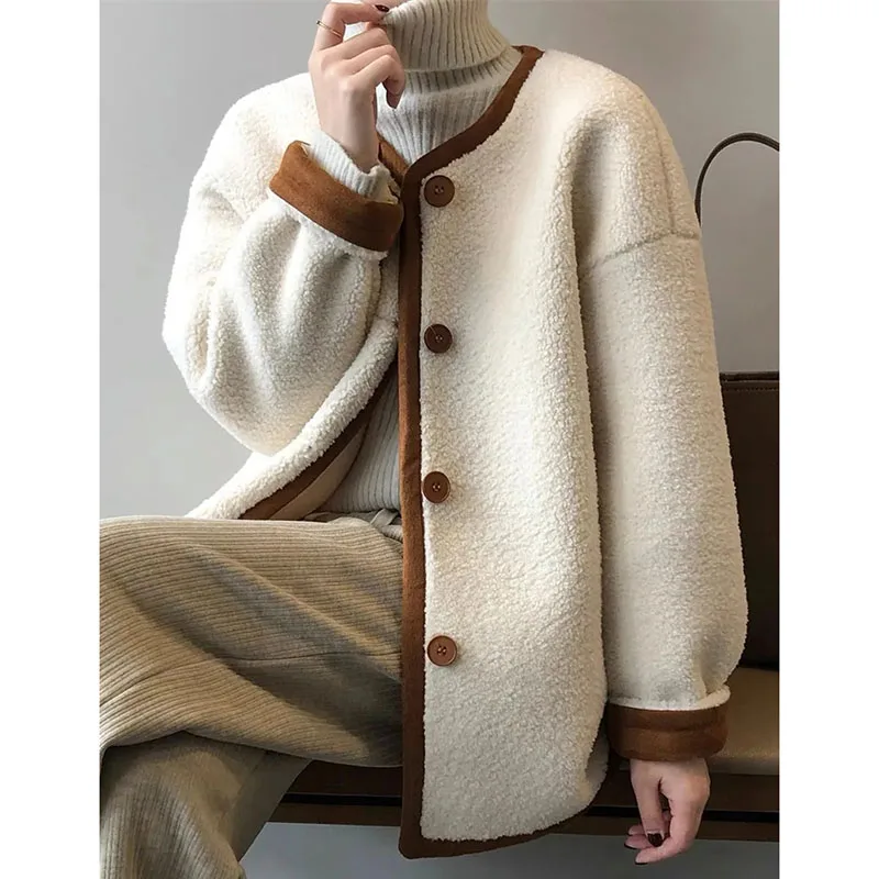 2025 سيدة الموضة الجسيمات المخملية سترة المرأة الكورية كسول طويلة الأكمام معطف فوقي الخريف الشتاء الإناث رشاقته صوف الضأن أبلى