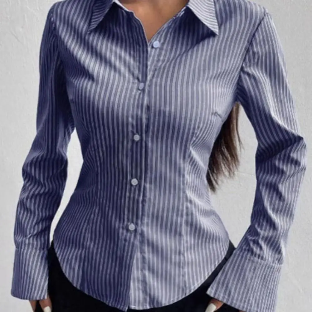 

Fashion Classic Striped Long Sleeved Blouse Patchwork V-neck Stripe Shirts for Women Simple Thin Retro Chic Tops Girl