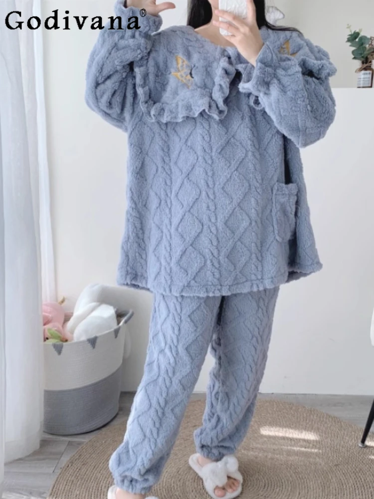 

Женские зимние теплые утепленные фланелевые пижамы большого размера с воротником Питера Пэна, свободные удобные комплекты домашней одежды из кораллового флиса