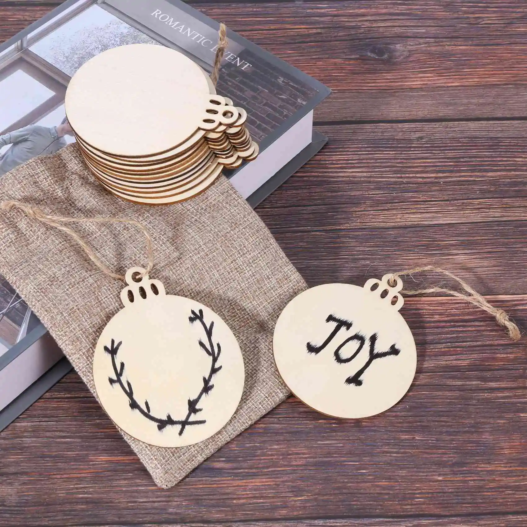 50pcs DIY Craft Wooden Round Bauble with 50pcs Twines to Paint Unfinished Christmas Hanging Ornaments Natural Blank Wood Disc