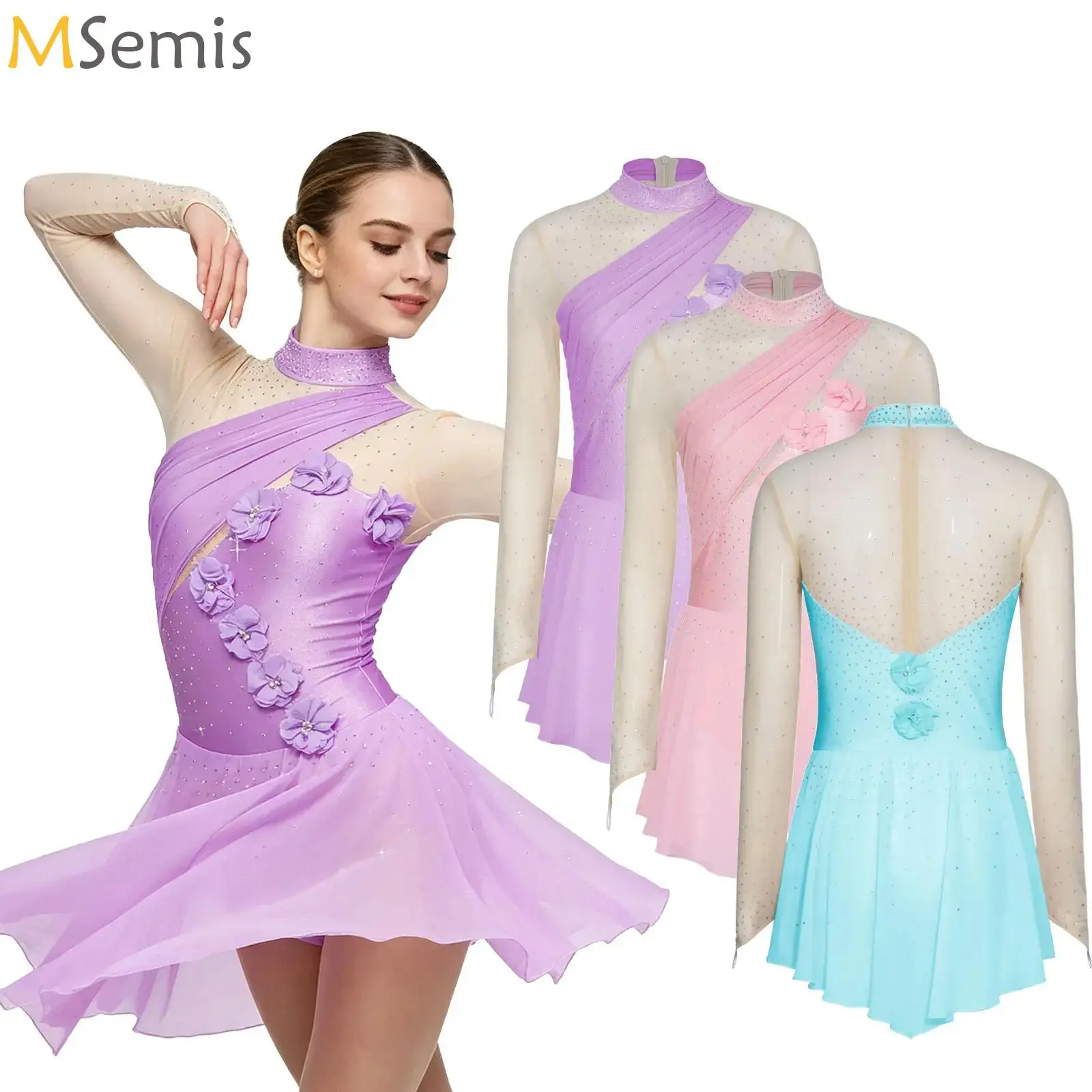 

3D Flower Applique Figure Skating Bodysuit Dress Women Rhinestones Mesh Long Sleeve Chiffon Hem Dress for Gymnastics Performance