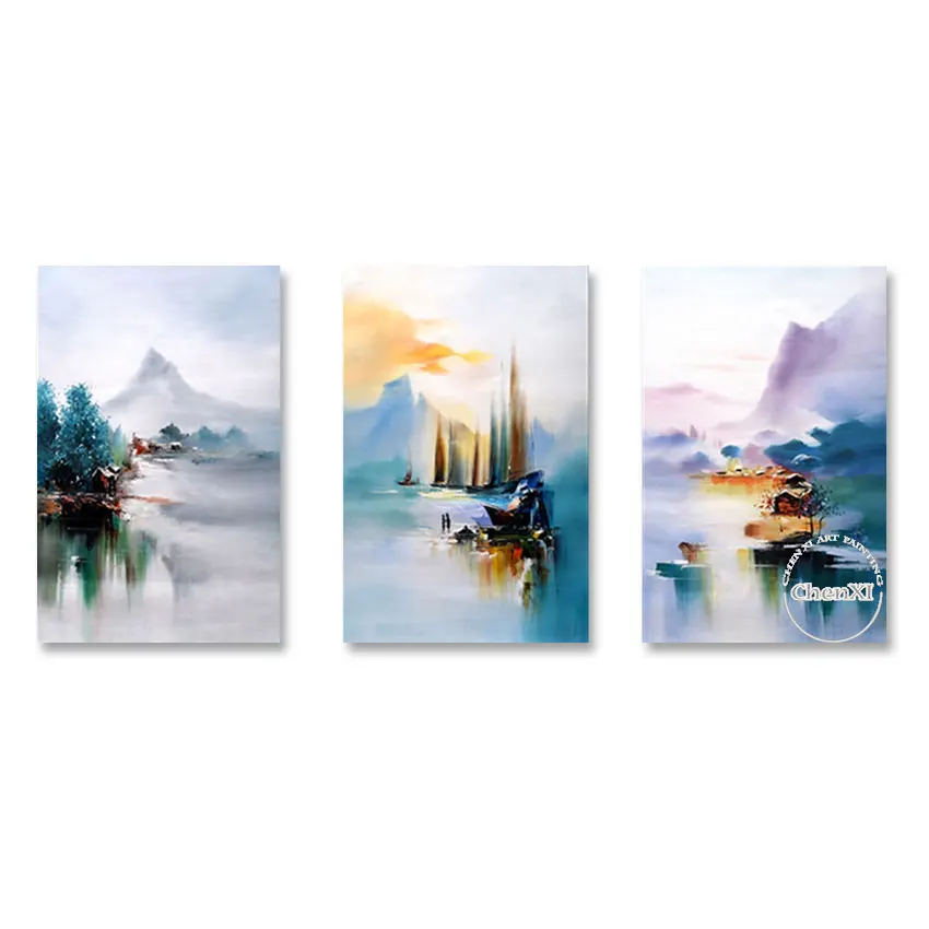 

Latest Design 3PCS Modern Hand-painted High Quality Beautiful Lake Scenery Oil Paintings On Canvas Large Wedding Decor Unframed