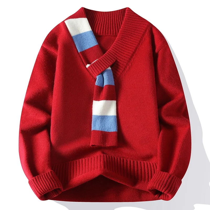 

GIOIOMen's Sweater，Autumn and Winter New Scarf Collar Decoration Anti-Pilling Loose Casual Knitted Sweater，Base Layer Top