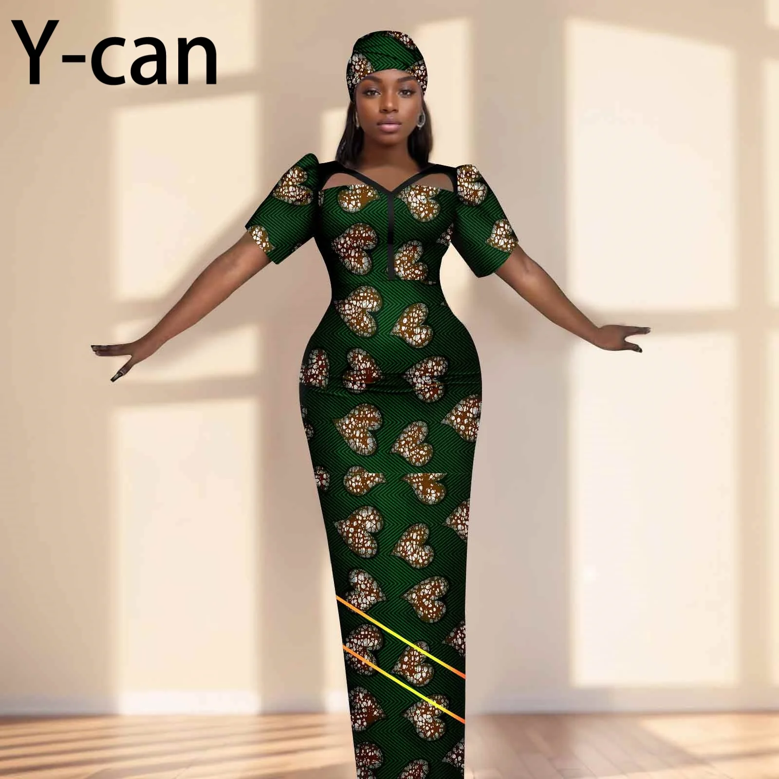 Party Gown African Dresses for Women Slim Fit Short Sleeve Dress Evening Vestidos with Headwrap Dashiki Ankara Print 2525071
