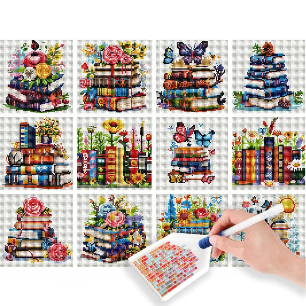 HUACAN 12pcs Landscape Mini Diamond Painting 5D Round Diamond Mosaic Book Flower Animal Handmade Holiday Gift Wall Home Decor