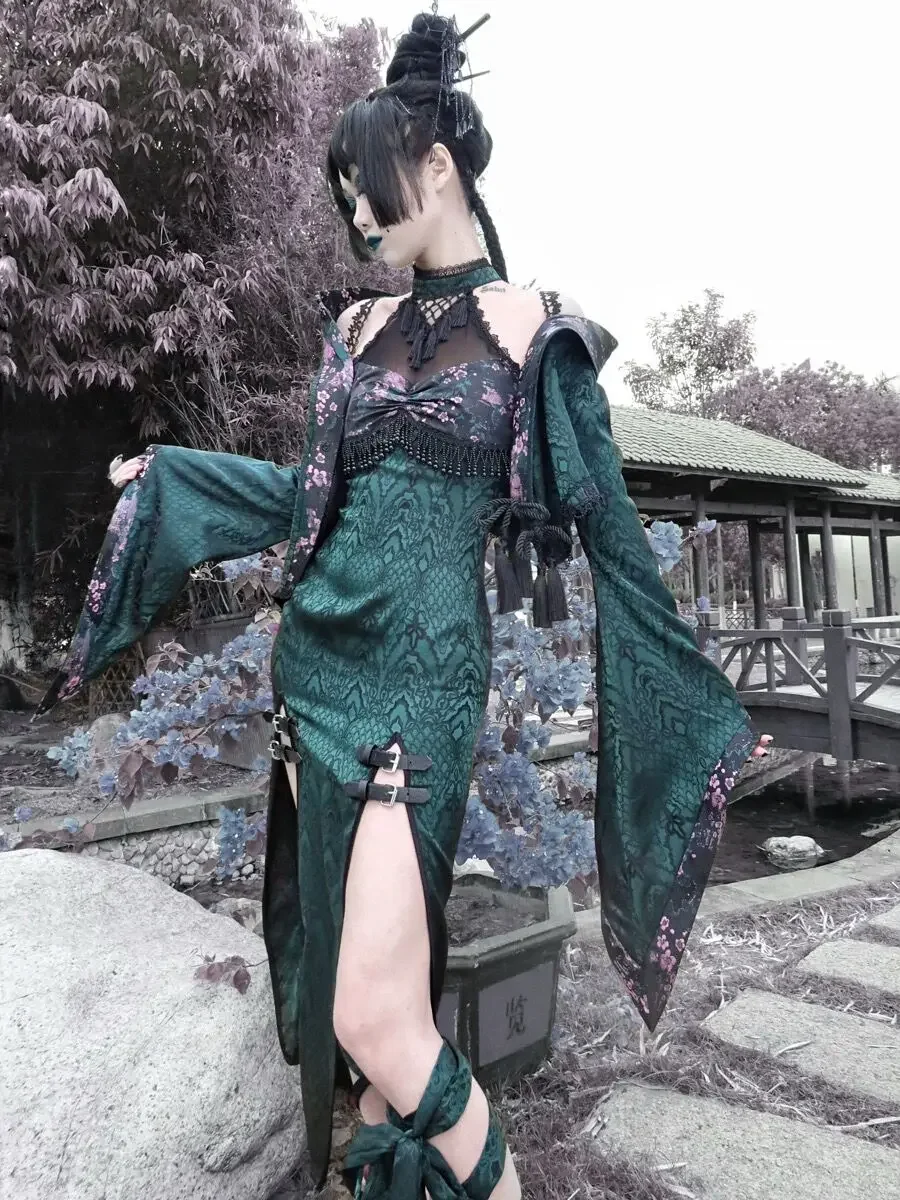 Women's Black and Green Cheongsam, Mesh Slit, Sexy, Gothic Fashion, Harajuku, Punk, Original, Spring, Autumn, Hot Girl, New